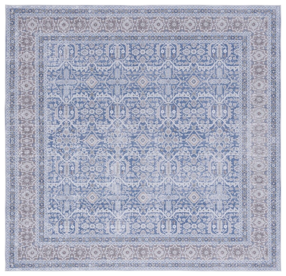Blue and Rust 6' x 6' Square Washable Synthetic Area Rug