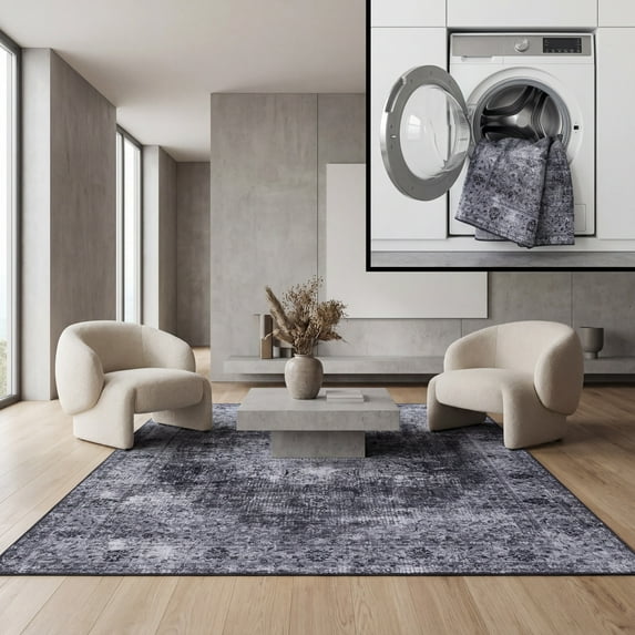SAFAVIEH Tucson Donovan Oriental Machine Washable Area Rug, Black/Grey, 5' x 7'