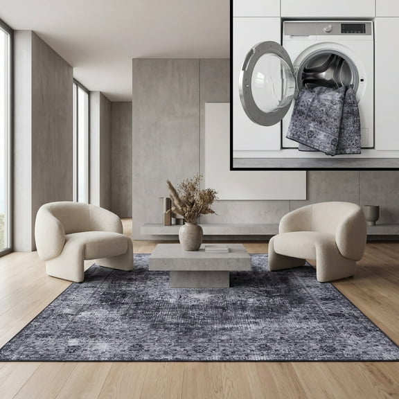 SAFAVIEH Tucson Donovan Oriental Machine Washable Area Rug, Black/Grey, 6' x 8'