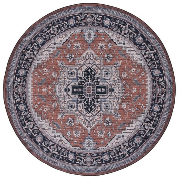 SAFAVIEH Tucson Drew Traditional Machine Washable Area Rug, 6' x 6' Round, Rust/Navy