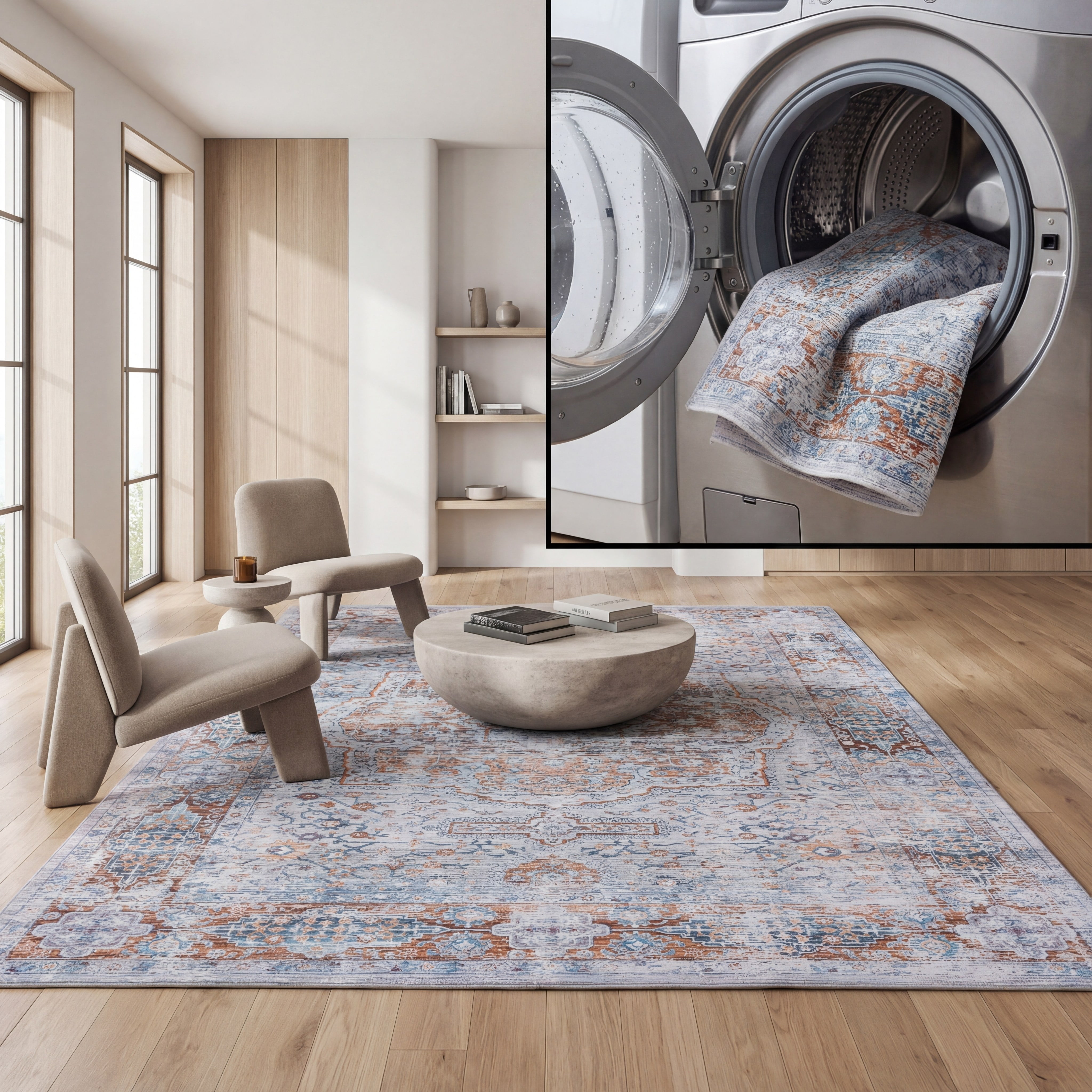 SAFAVIEH Tucson Ellison Traditional Machine Washable Area Rug, 4' x 6', Beige/Rust