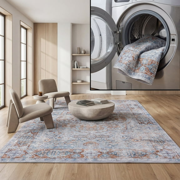 SAFAVIEH Tucson Ellison Traditional Machine Washable Area Rug, 5' x 8', Beige/Rust