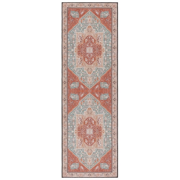 SAFAVIEH Tucson Filip Oriental Machine Washable Runner Rug, Aqua/Rust, 2'6" x 6'