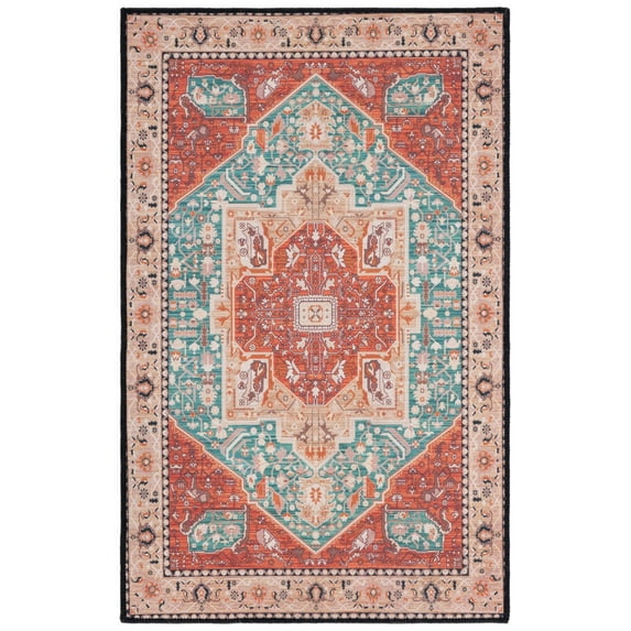 SAFAVIEH Tucson Filip Traditional Machine Washable Area Rug, 3' x 5', Aqua/Rust