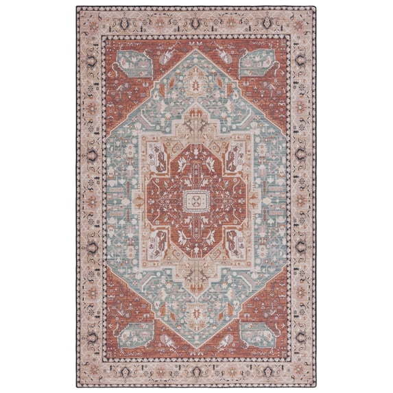 SAFAVIEH Tucson Filip Traditional Machine Washable Area Rug, 6' x 9', Aqua/Rust