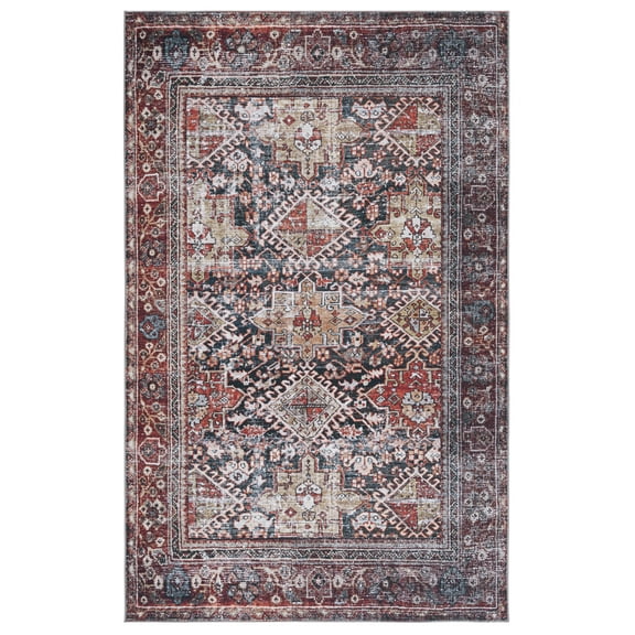 SAFAVIEH Tucson Forrester Oriental Machine Washable Area Rug, Navy/Rust, 5' x 8'