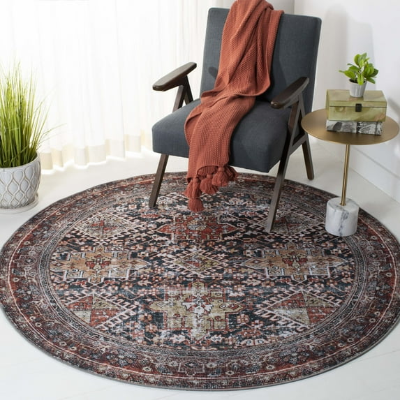 Safavieh Tucson Forrester Oriental Machine Washable Area Rug, Navy/Rust, 6' x 6' Round