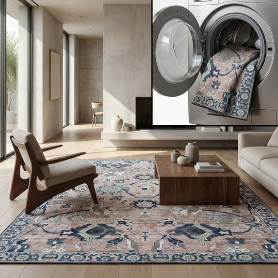 SAFAVIEH Tucson Georgeanna Traditional Machine Washable Area Rug, Light Blue/Navy, 8' x 10'