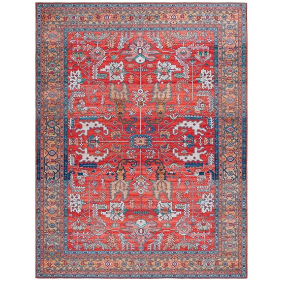 SAFAVIEH Tucson Gwendolyn Traditional Machine Washable Area Rug, Rust/Navy, 8' x 10'