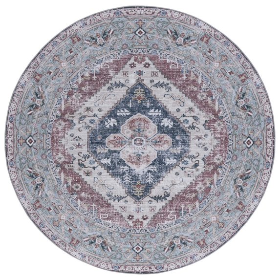 SAFAVIEH Tucson Harlow Traditional Machine Washable Area Rug, 6' x 6' Round, Rust/Navy