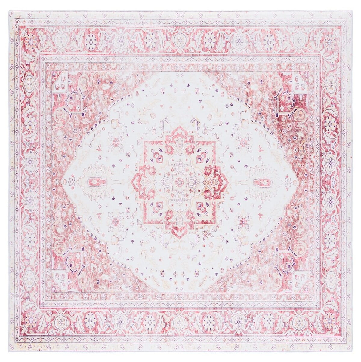 SAFAVIEH Tucson Herbert Traditional Machine Washable Area Rug, 4' x 4' Square, Beige/Rust