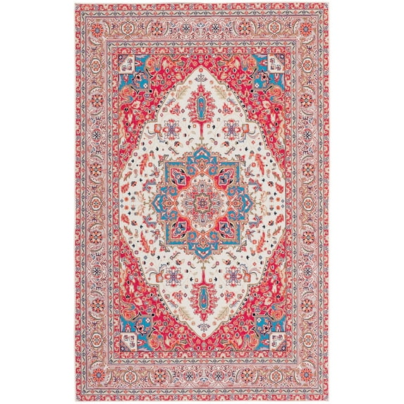 SAFAVIEH Tucson Herbert Traditional Machine Washable Area Rug, 4' x 6', Red/Beige