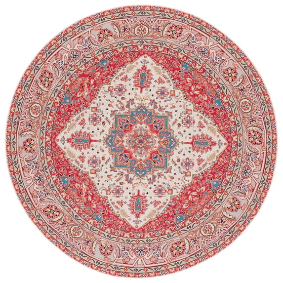 SAFAVIEH Tucson Herbert Traditional Machine Washable Area Rug, 6' x 6' Round, Red/Beige