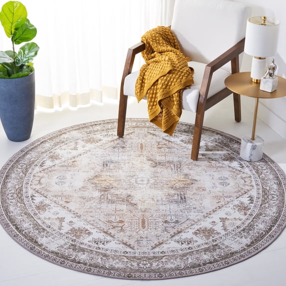 SAFAVIEH Tucson Jayla Oriental Machine Washable Area Rug, Beige/Gray, 3' x 3' Round