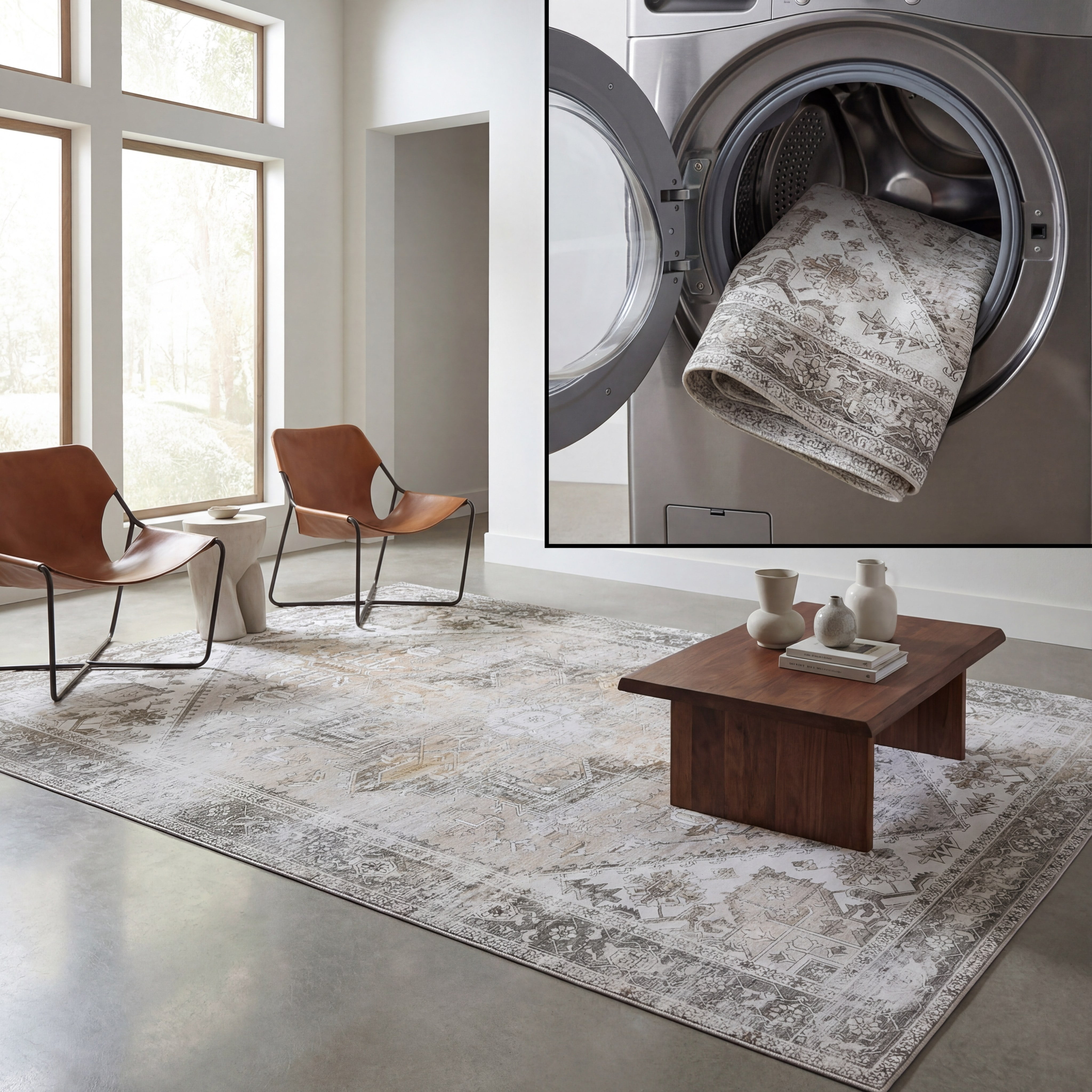 SAFAVIEH Tucson Jayla Oriental Machine Washable Area Rug, Beige/Gray, 3' x 3' Square