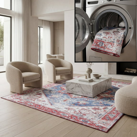 SAFAVIEH Tucson Jayla Oriental Machine Washable Area Rug, Blue/Red, 8' x 8' Square