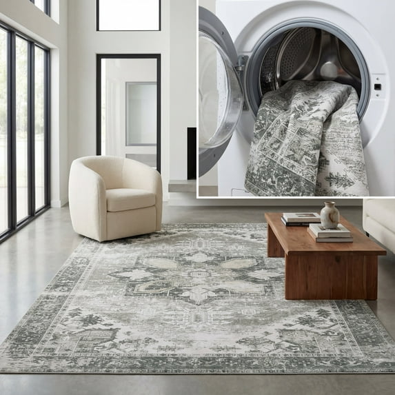 SAFAVIEH Tucson Jayla Oriental Machine Washable Area Rug, Dark Sage/Ivory, 3' x 3' Square