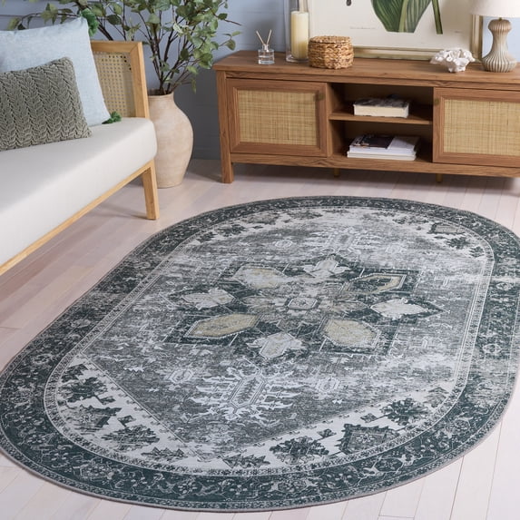 SAFAVIEH Tucson Jayla Oriental Machine Washable Area Rug, Dark Sage/Ivory, 5' x 8' Oval