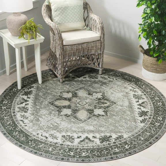 SAFAVIEH Tucson Jayla Oriental Machine Washable Area Rug, Dark Sage/Ivory, 8' x 8' Round