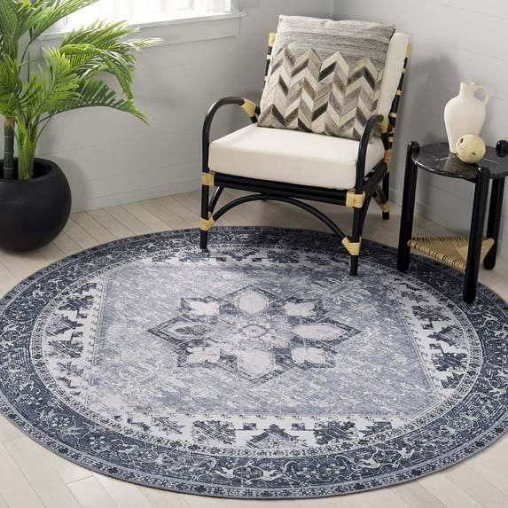 SAFAVIEH Tucson Jayla Oriental Machine Washable Area Rug, Gray, 4' x 4' Round
