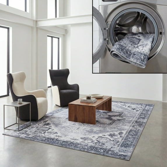 SAFAVIEH Tucson Jayla Oriental Machine Washable Area Rug, Gray, 4' x 4' Square