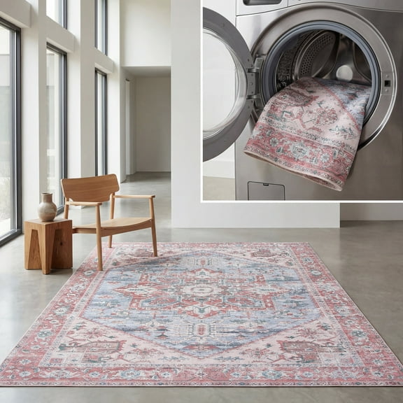 SAFAVIEH Tucson Jayla Oriental Machine Washable Area Rug, Gray Blue/Rust, 4' x 4' Square