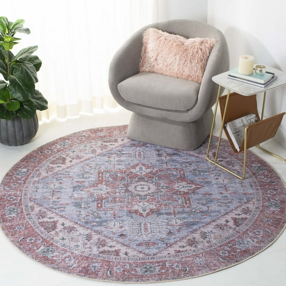 SAFAVIEH Tucson Jayla Oriental Machine Washable Area Rug, Gray Blue/Rust, 8' x 8' Round