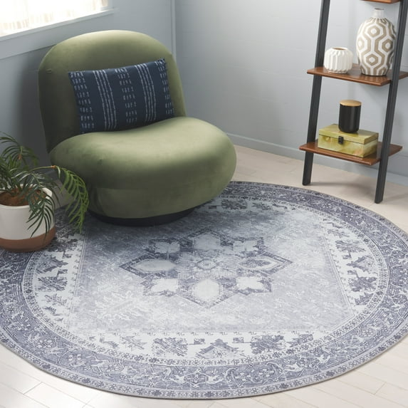 SAFAVIEH Tucson Jayla Oriental Machine Washable Area Rug, Light Gray, 4' x 4' Round