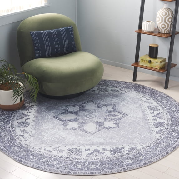 SAFAVIEH Tucson Jayla Oriental Machine Washable Area Rug, Light Gray, 6' x 6' Round
