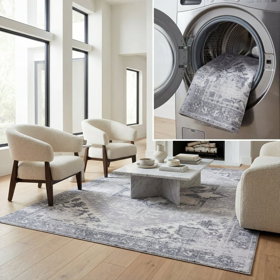 SAFAVIEH Tucson Jayla Oriental Machine Washable Area Rug, Light Gray, 9' x 12'