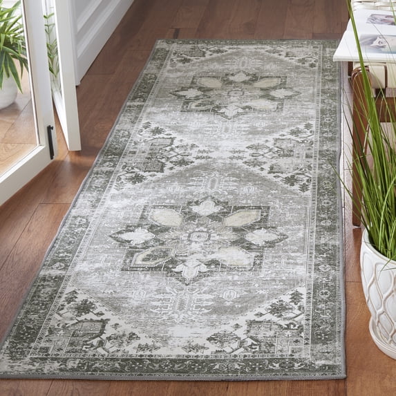 SAFAVIEH Tucson Jayla Oriental Machine Washable Runner Rug, Dark Sage/Ivory, 2'6" x 18'