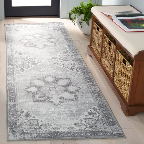 SAFAVIEH Tucson Jayla Oriental Machine Washable Runner Rug, Light Gray, 2'6" x 8'