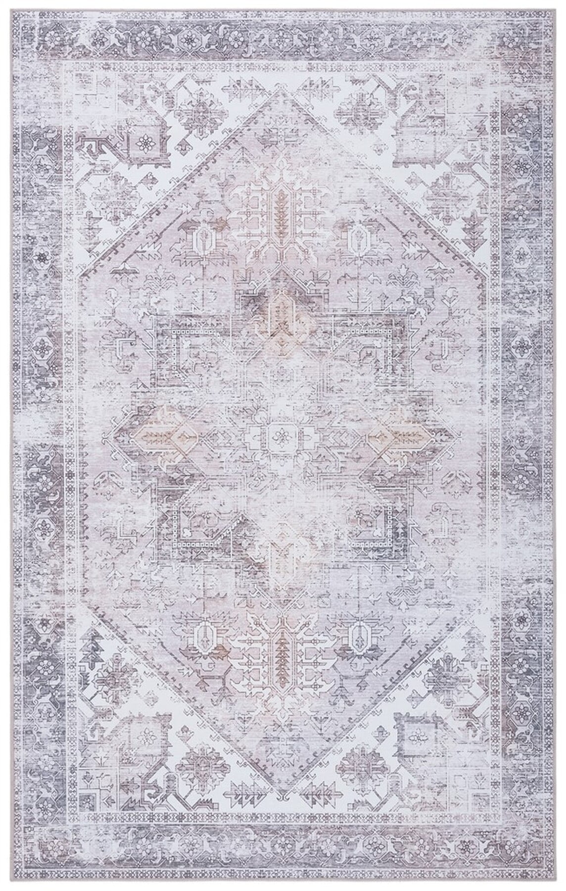 Beige and Grey Rectangular Washable Synthetic Area Rug, 3' x 5'