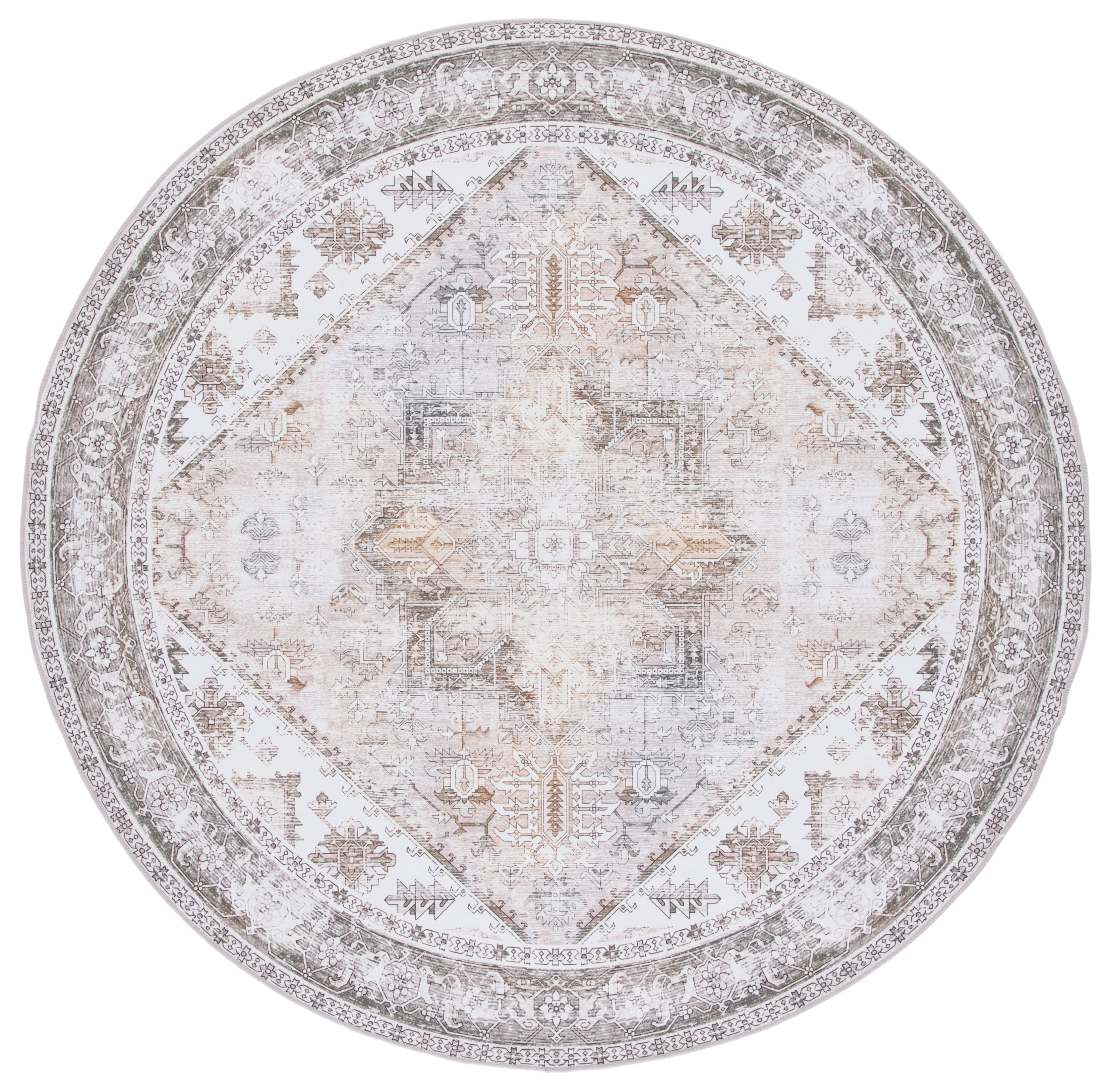 Beige and Grey Synthetic 4' Round Non-Slip Washable Rug