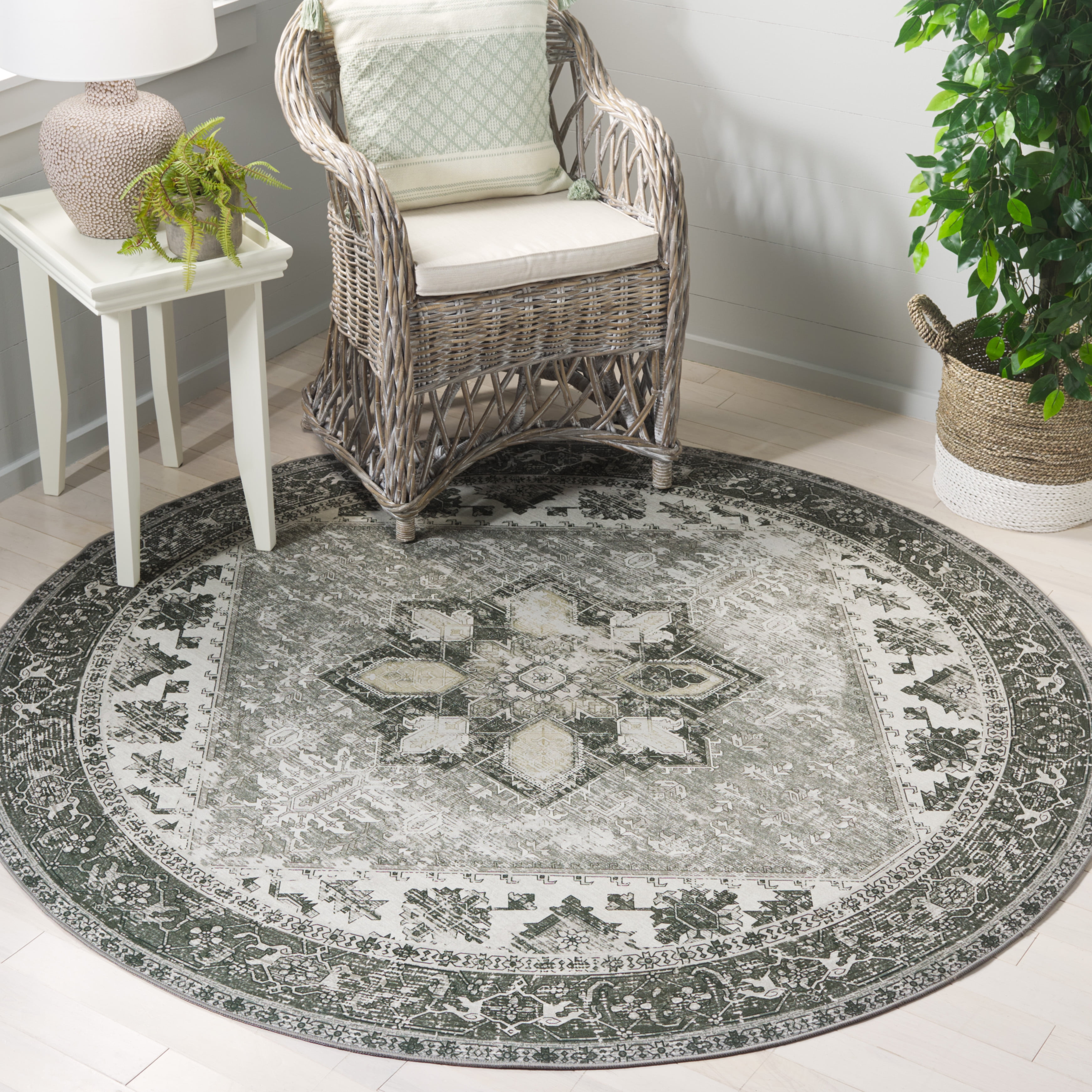 SAFAVIEH Tucson Jayla Oriental Machine Washable Area Rug, Dark Sage/Ivory, 4' x 4' Round