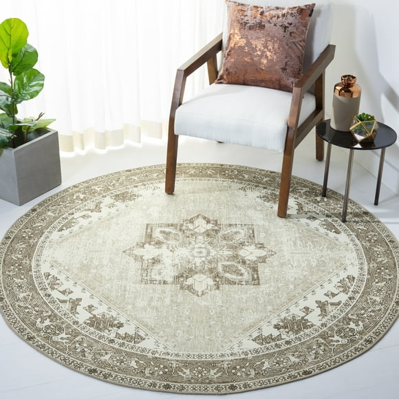 SAFAVIEH Tucson Jayla Oriental Machine Washable Area Rug, Sage/Ivory, 5' x 5' Round