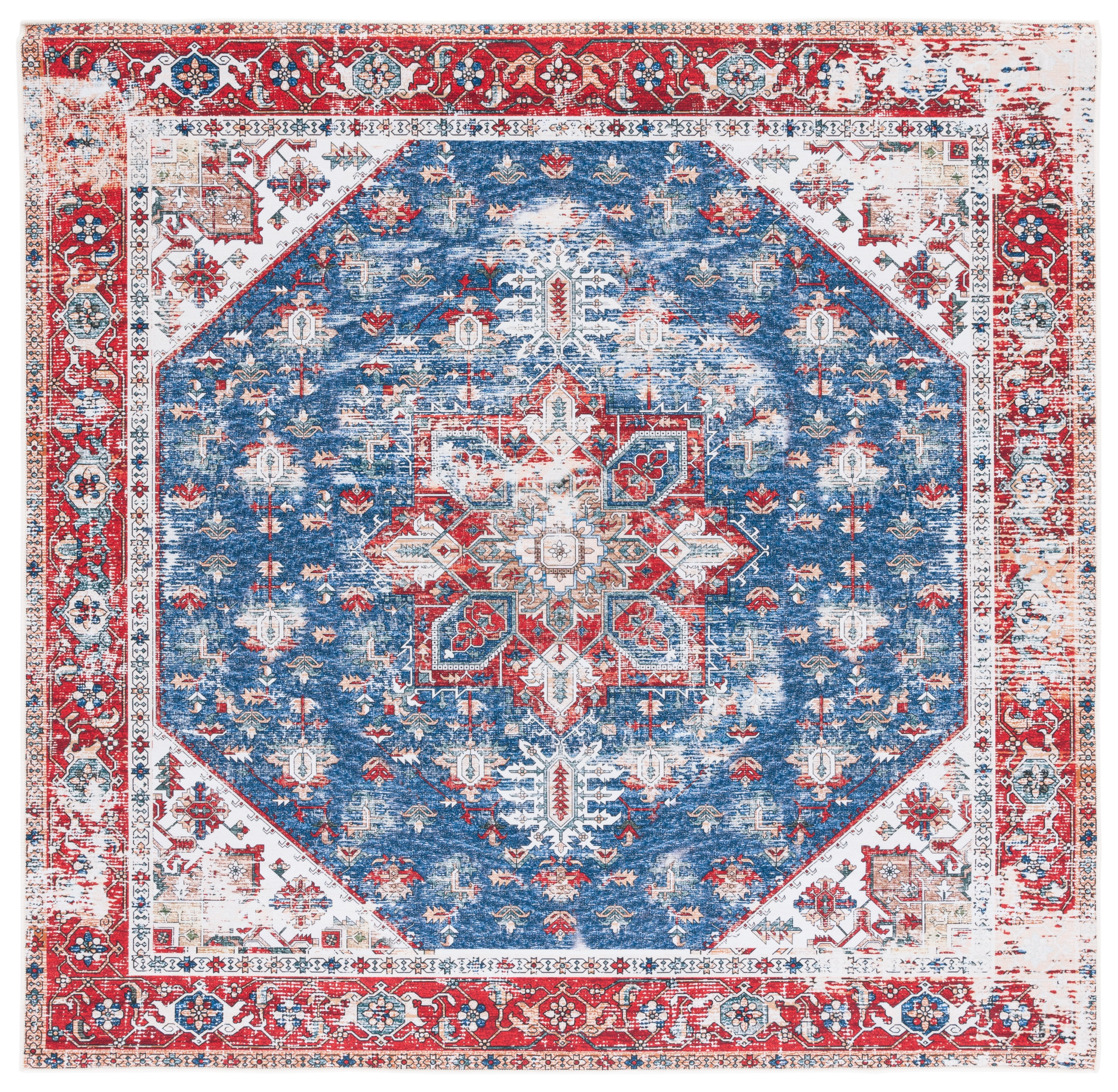 Tucson Red and Blue Square Washable Synthetic Area Rug