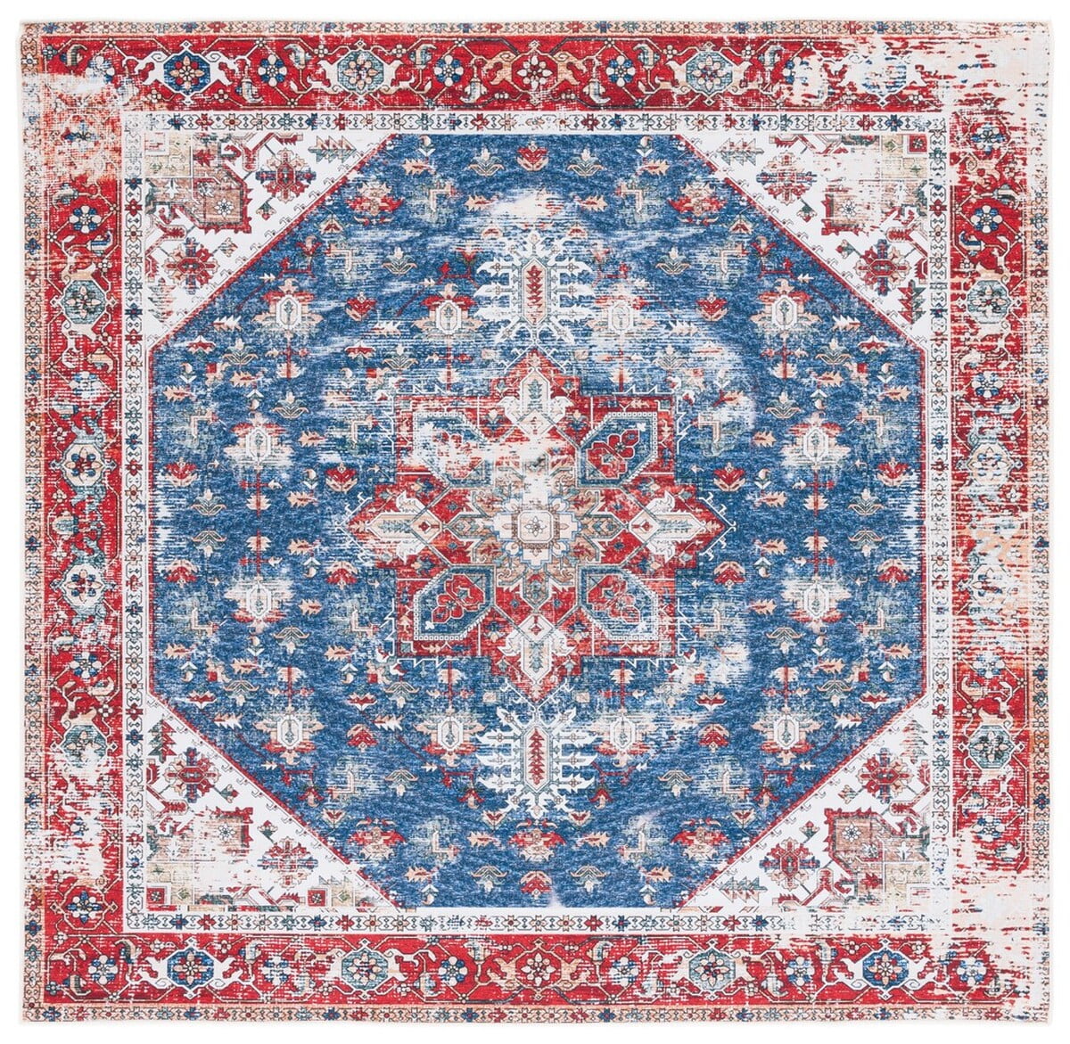 Tucson Red and Blue Square Washable Synthetic Area Rug