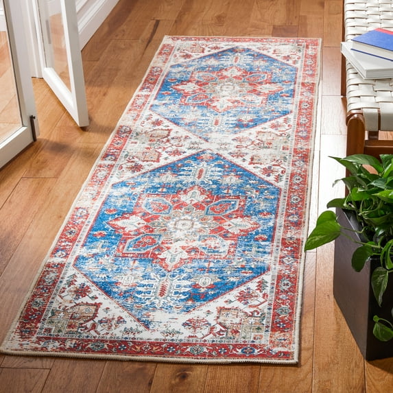 SAFAVIEH Tucson Jayla Oriental Machine Washable Runner Rug, Blue/Red, 2'6" x 10'