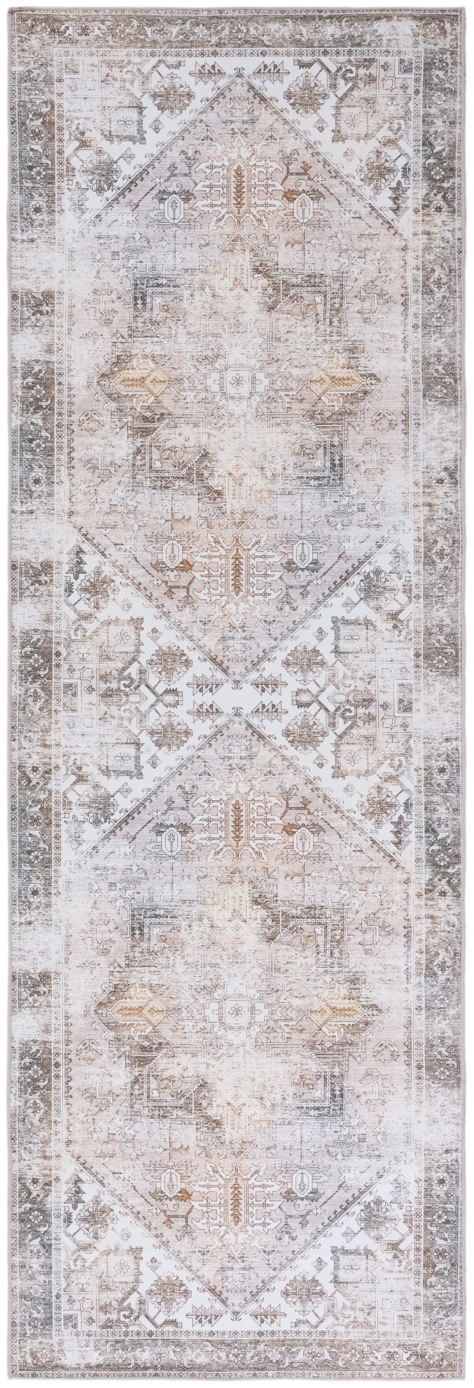 Beige and Grey Machine Washable Synthetic Runner Rug