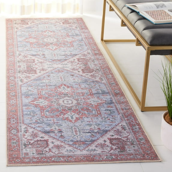 SAFAVIEH Tucson Jayla Oriental Machine Washable Runner Rug, Gray Blue/Rust, 2'6" x 8'