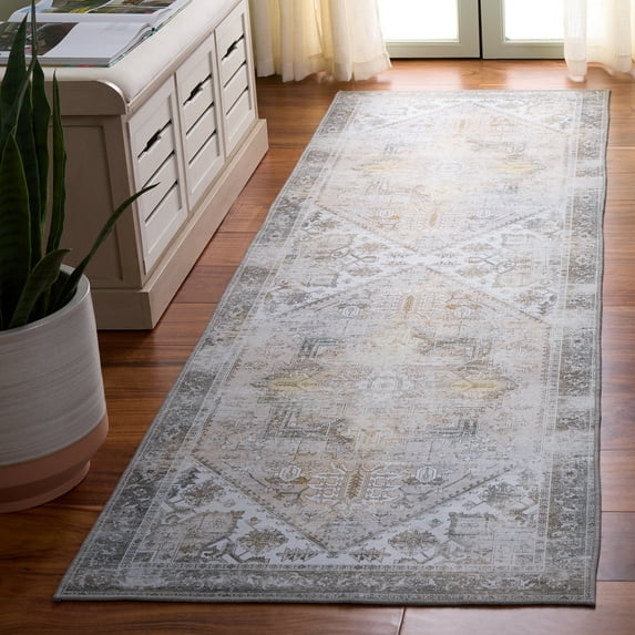 SAFAVIEH Tucson Jayla Oriental Machine Washable Runner Rug, Beige/Gray, 2'6" x 18'