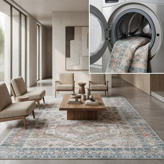 SAFAVIEH Tucson Jerri Traditional Machine Washable Area Rug, 5' x 8', Beige/Green