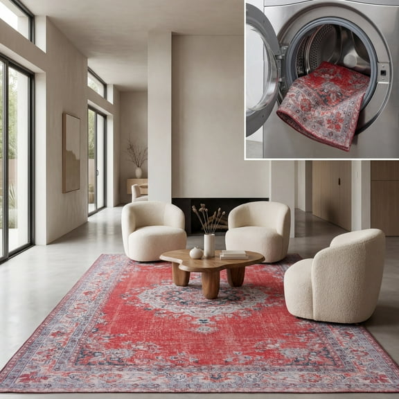 SAFAVIEH Tucson Jessica Traditional Machine Washable Area Rug, 9' x 12', Red/Beige