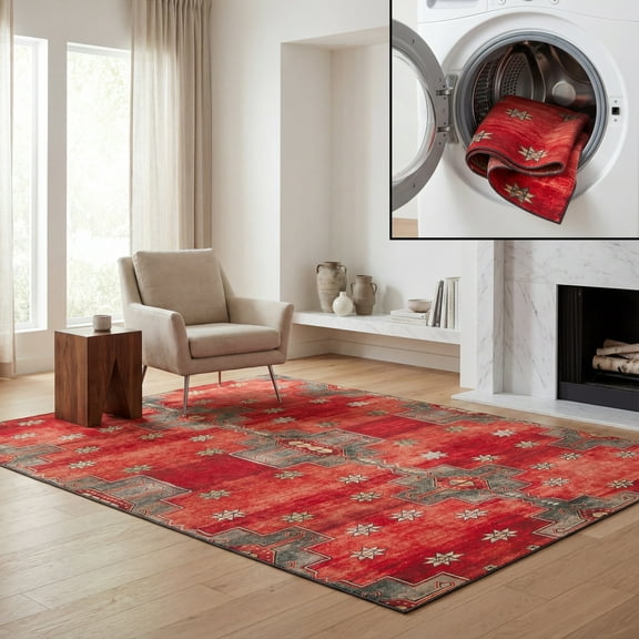 SAFAVIEH Tucson Jimmy Oriental Machine Washable Area Rug, Rust/Green, 6' x 6' Square