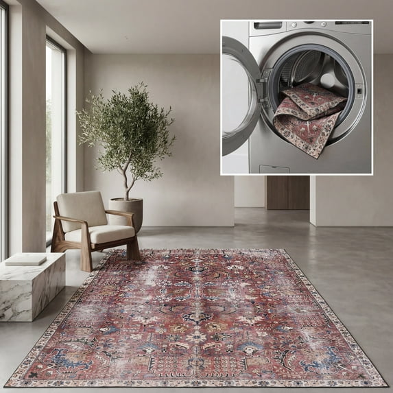 SAFAVIEH Tucson Julia Oriental Machine Washable Area Rug, Red/Beige, 8' x 8' Square