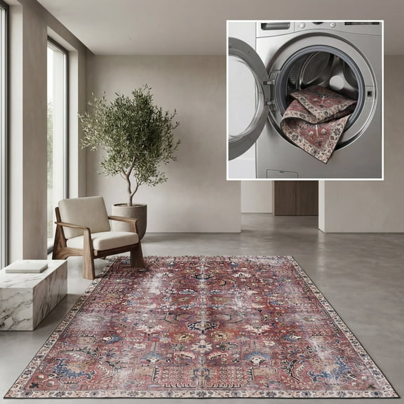 SAFAVIEH Tucson Julia Traditional Machine Washable Area Rug, 4' x 6', Red/Beige