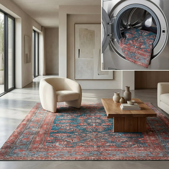 SAFAVIEH Tucson Kaelee Traditional Machine Washable Area Rug, 5' x 8', Blue/Rust