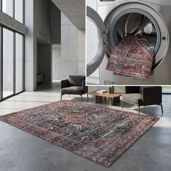 SAFAVIEH Tucson Kayleah Traditional Machine Washable Area Rug, 3' x 5', Dark Green/Rust