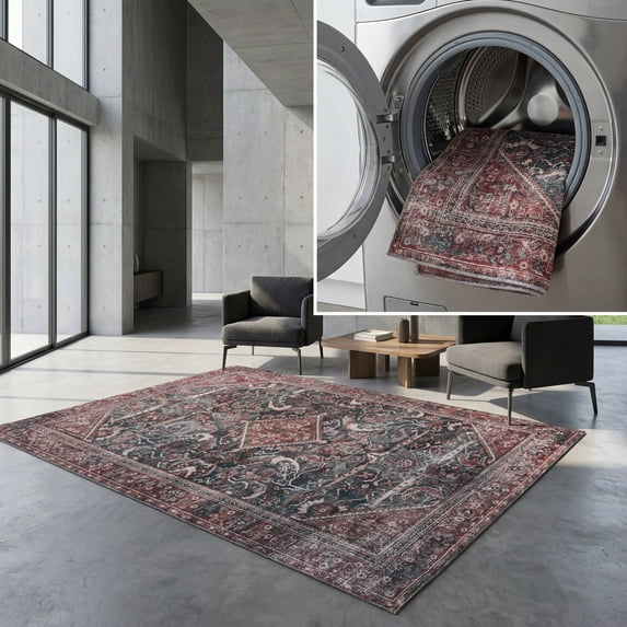 SAFAVIEH Tucson Kayleah Traditional Machine Washable Area Rug, 6' x 6' Square, Dark Green/Rust